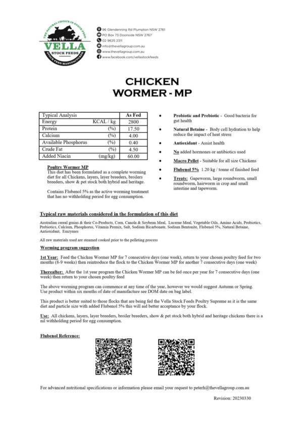 Vella Chicken Wormer MP Specs